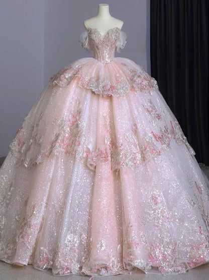 Pink Wedding Dresses Strapless Long Beading Princess Bridal Gowns        S5965