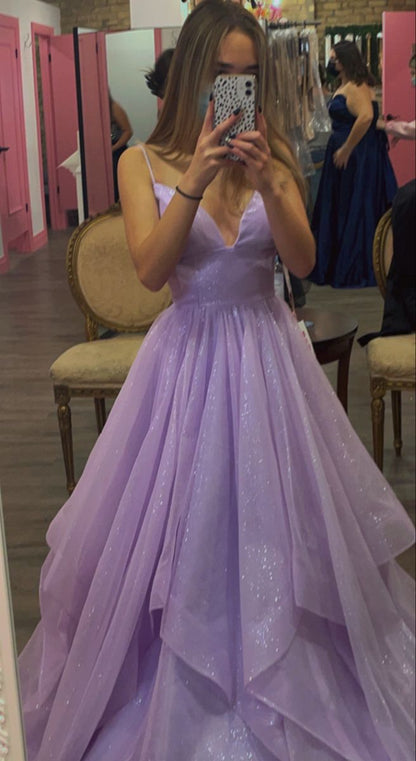 Glitter Lilac Spaghetti Straps Prom Dress      S6294