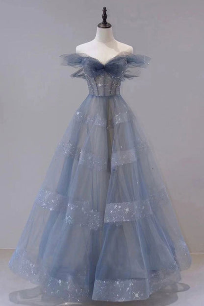 A-Line Off Shoulder Layers Tulle Long Evening Dress, Blue Formal Dress      S6342