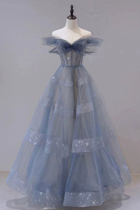 A-Line Off Shoulder Layers Tulle Long Evening Dress, Blue Formal Dress      S6342