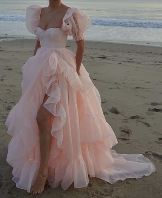 Pink Prom Dresses Short Puff Sleeves Ruffles Prom Party Gowns Princess Formal Dresses