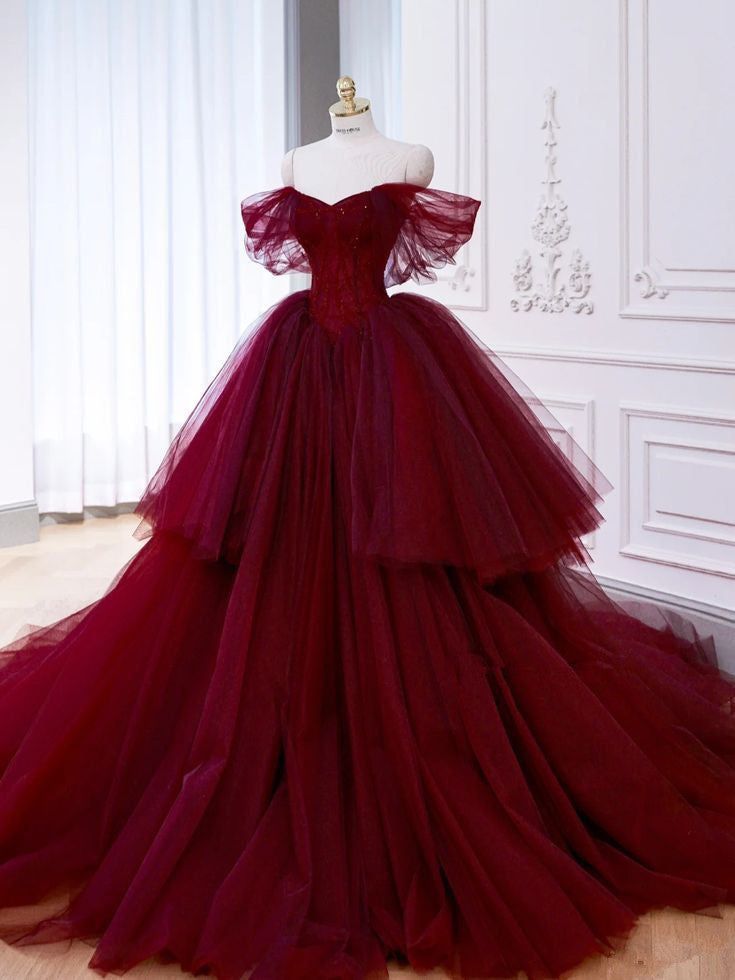 Ball Gown Off The Shoulder Tulle Burgundy Sweet 16 Dresses       S6297