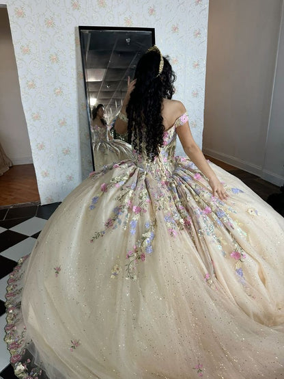 A Line Quinceanera Dresses Ball Gown Off The Shoulder Sparkly Floral Sweet 16 Dresses     S6085