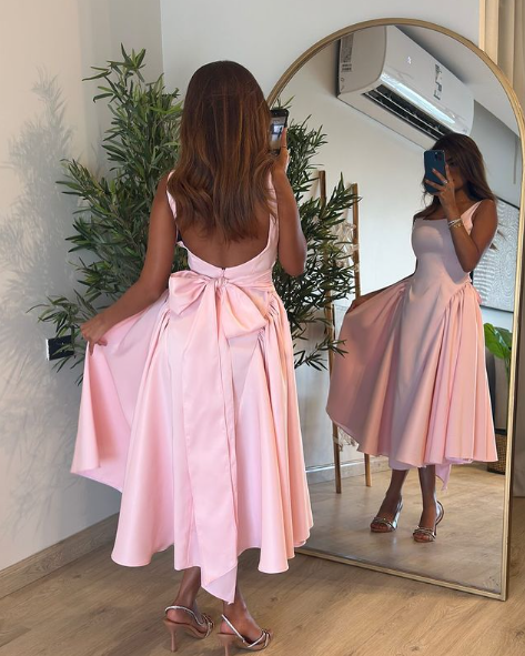 Pink Mid Length Prom Dress Pink Evening Gown
