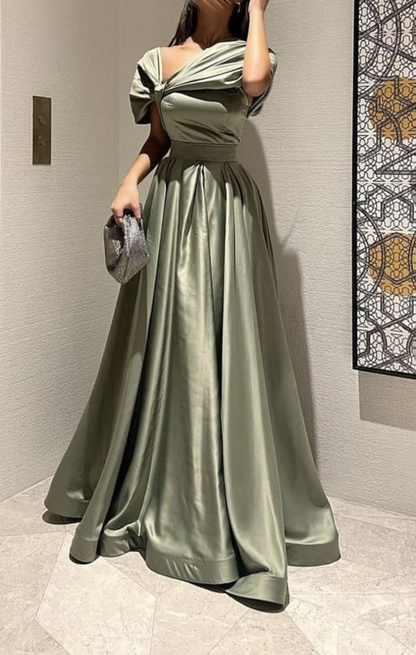 A Line Off Shoulder Sage Green Prom Dress Evening Formal Party Gowns
