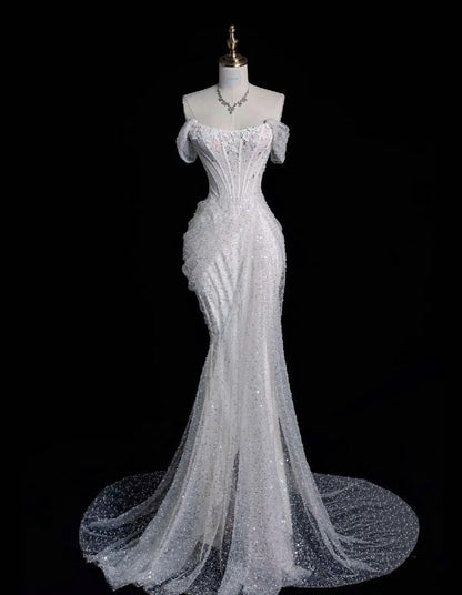 Elegant Mermaid Off The Shoulder Sequin Long White Wedding Dresses     S6566