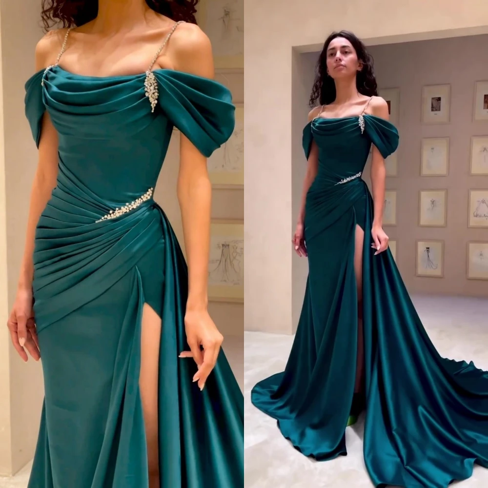 High Quality Off The Shoulder Dark Green Satin Prom Dresses Beaded Evening Gown
