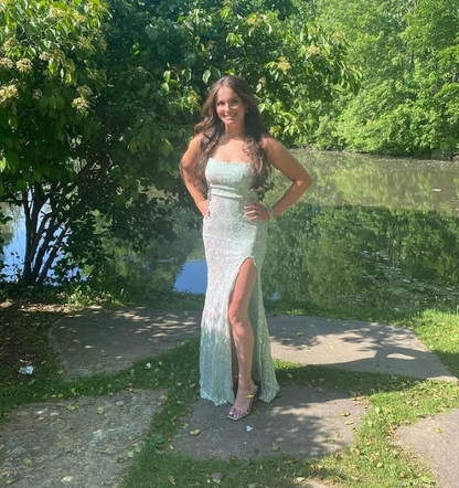 Glitter Green Sequined Long Prom Dress with Slit     S6675