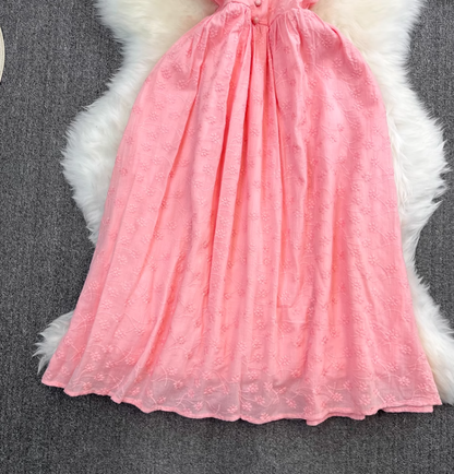 Holiday beach dress gentle retro V-neck waist slimming medium-length A-line embroidered dress R0336