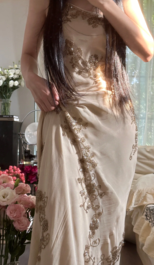 Vintage Spaghetti Straps Chiffon Beaded Mermaid Long Evening Dress Formal Birthday Party Dress D2310