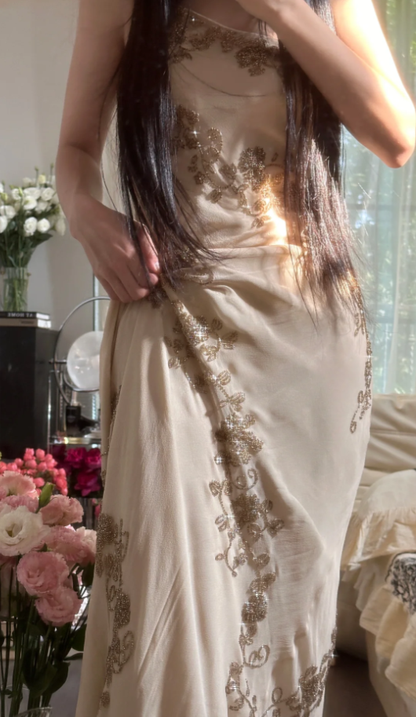 Vintage Spaghetti Straps Chiffon Beaded Mermaid Long Evening Dress Formal Birthday Party Dress D2310