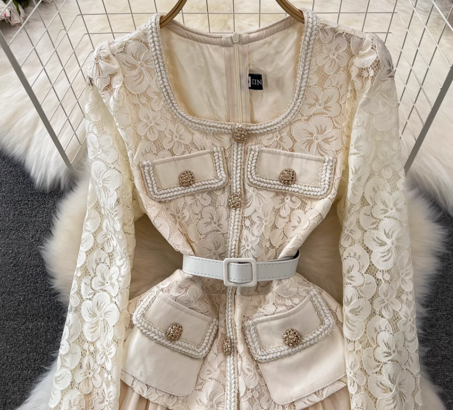 Celebrity temperament fake two-piece long-sleeved square-neck lace waist A-line wide swing dress R0330