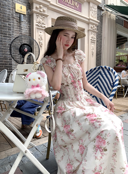 Long waist square neck printed suspender dress for women summer French temperament skirt R4745