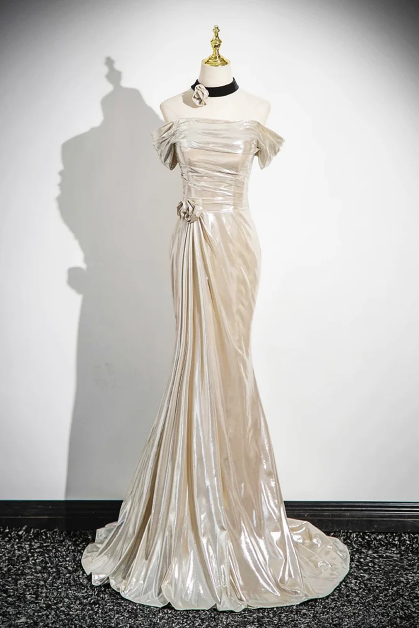 Charming Champagne Off The Shoulder Satin Prom Dress,Mermaid Evening Gown Y8202