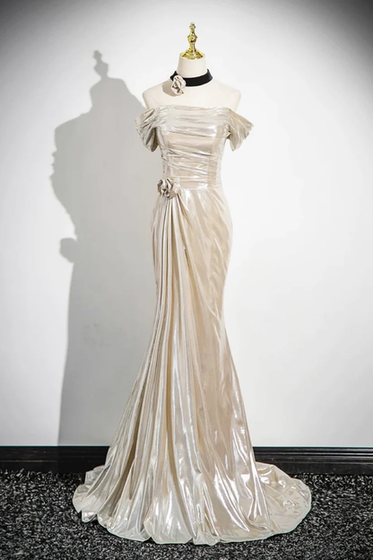 Charming Champagne Off The Shoulder Satin Prom Dress,Mermaid Evening Gown Y8202