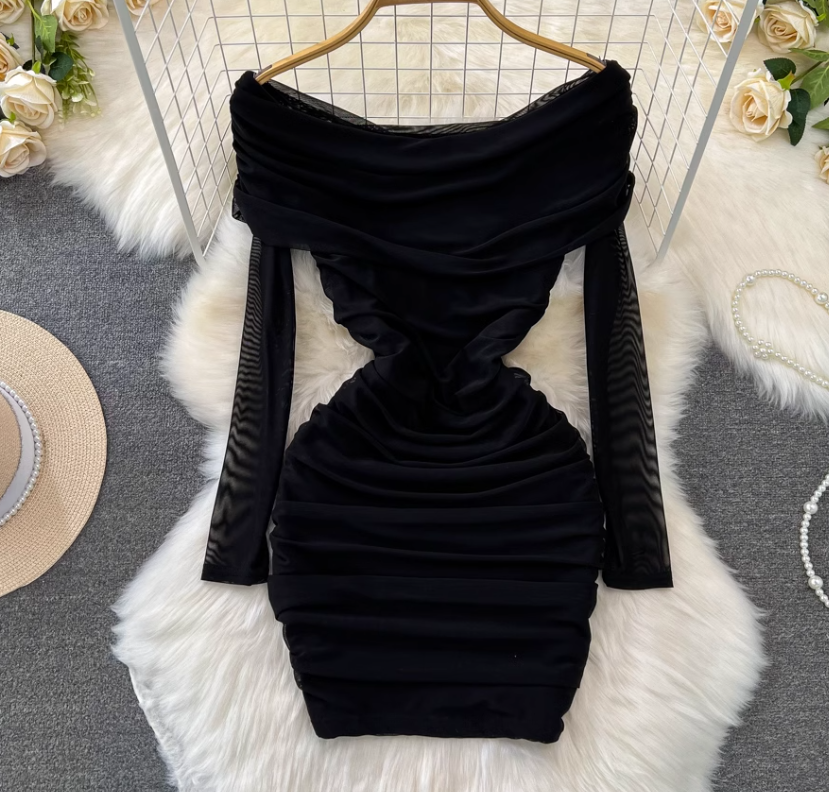 Pure sexy one-shoulder off-shoulder waisted petite short pleated mesh hip-wrapped bottoming dress R0386