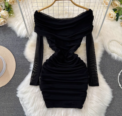 Pure sexy one-shoulder off-shoulder waisted petite short pleated mesh hip-wrapped bottoming dress R0386