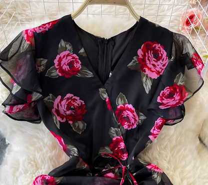 Ruffled waist slimming temperament lady V-neck hip fishtail chiffon dress fashionable dress skirt R0370