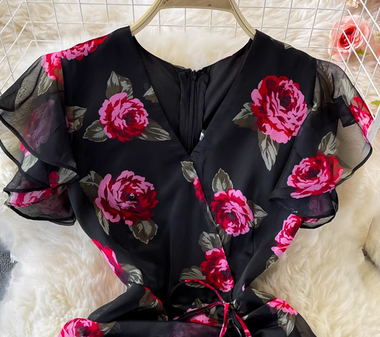 Ruffled waist slimming temperament lady V-neck hip fishtail chiffon dress fashionable dress skirt R0370