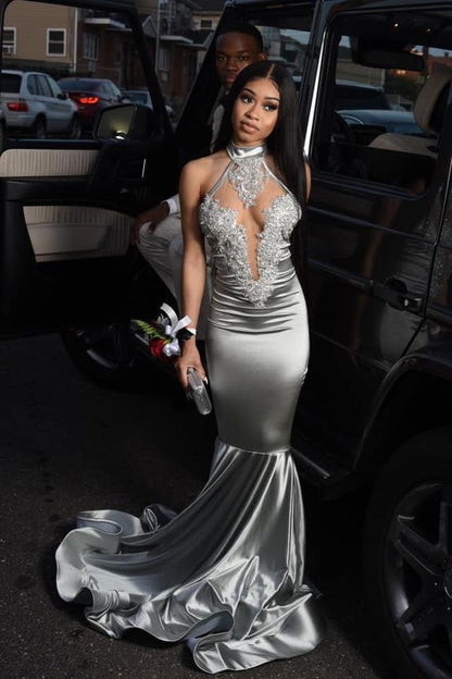Silver Grey Mermaid Long Prom Dress Sexy Evening Dress Black Girl's Formal Gown cc269