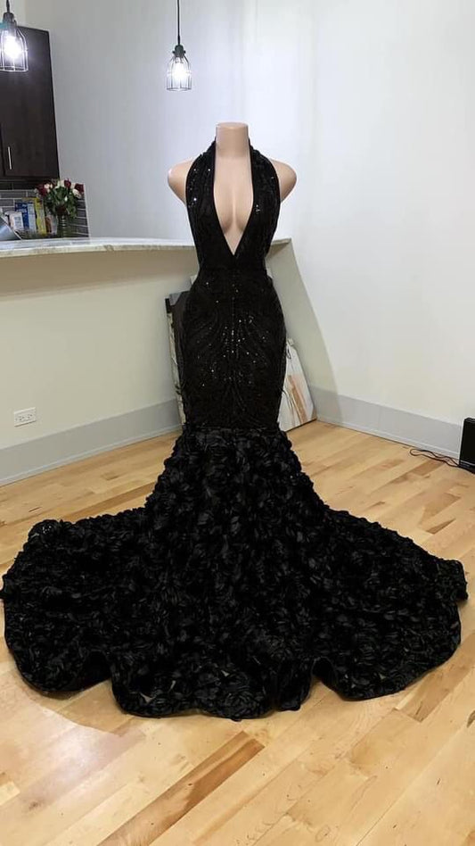 Black Halter Neck Mermaid Evening Dress With 3D Flower Sexy Formal Gown  cc268