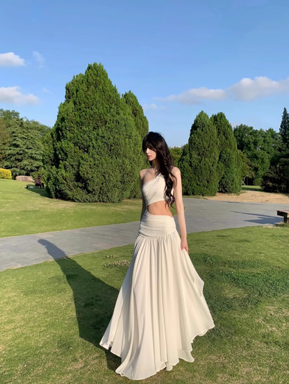 French high-end cool feeling white off-shoulder waist dress seaside holiday super fairy long dress R0208