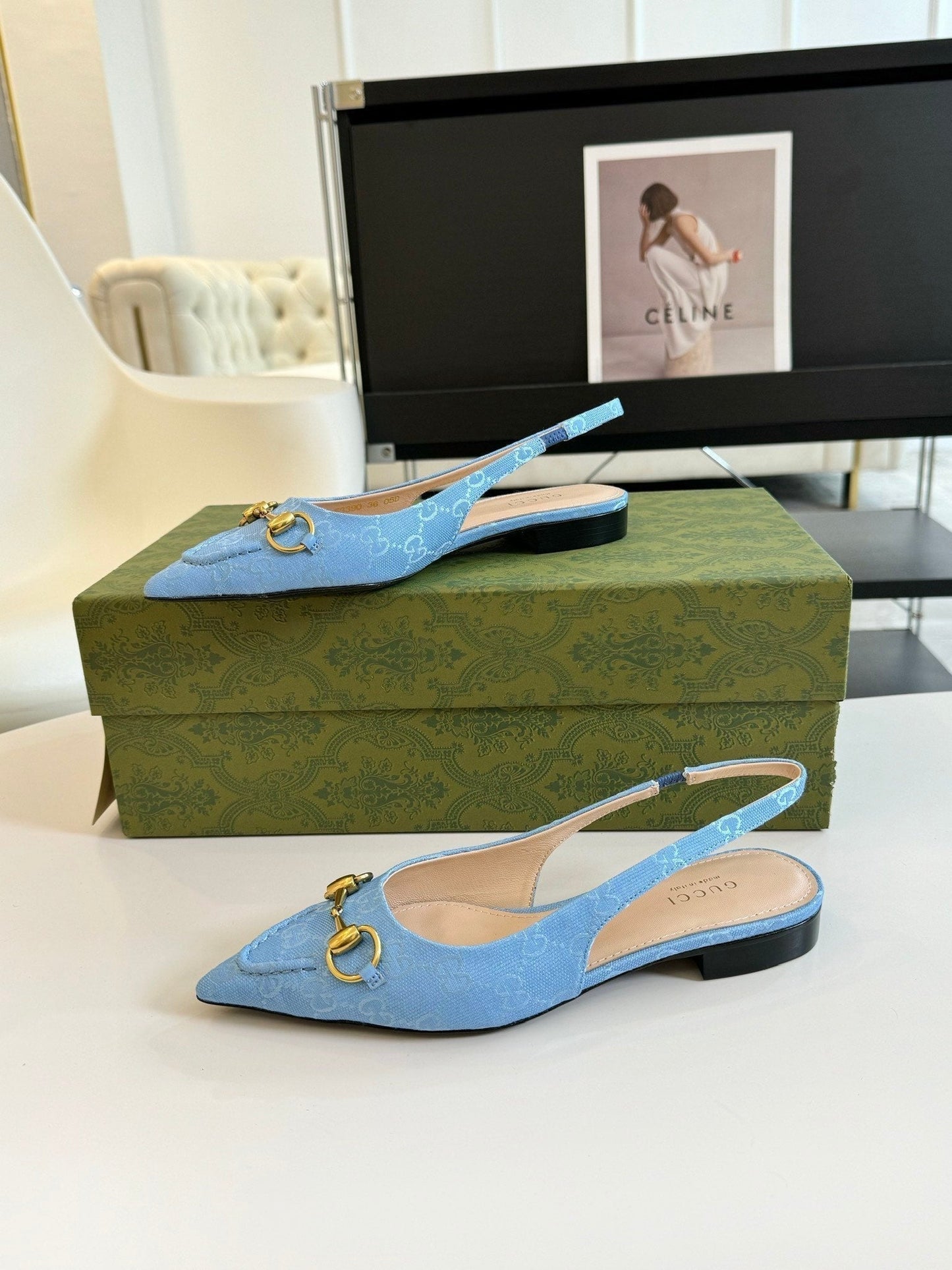 GG HORSEBIT SLINGBACK BALLET FLAT SKY CANVAS