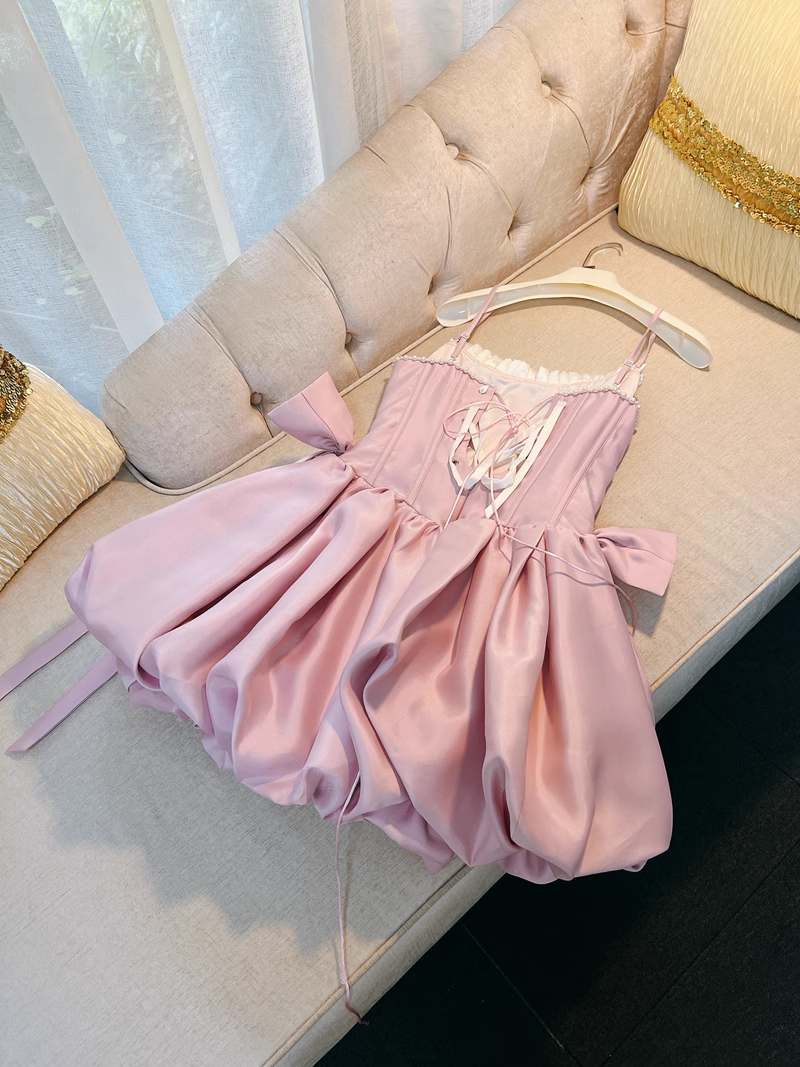 Chic Pink Spaghetti Strap Beading A-line V-neck Party Dresses Homecoming Dresses, D1339