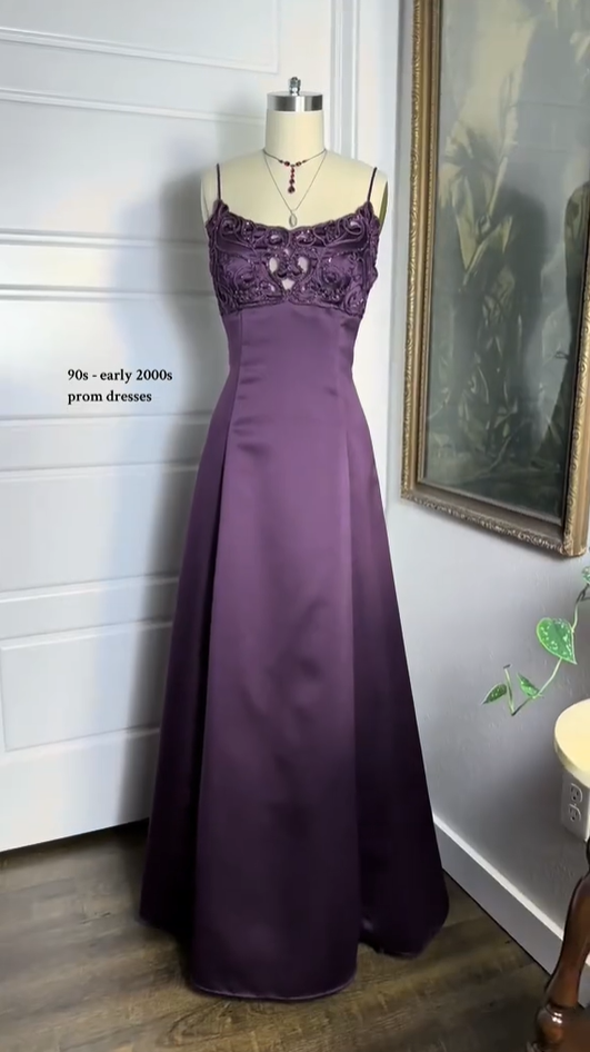 Purple Straps A-Line Beading Satin Long Party Dress Vintage Evening Dress, D490