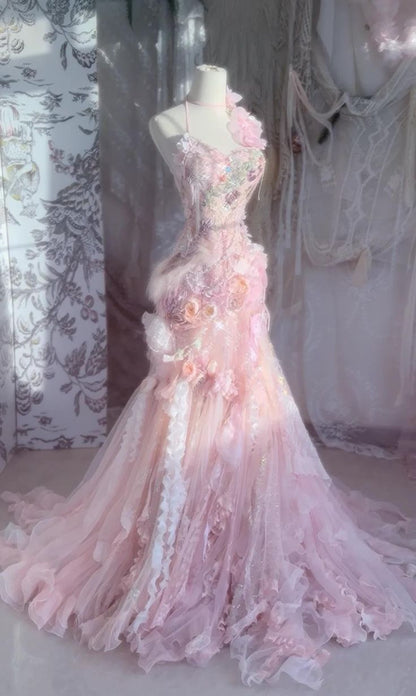 Fairytale Pink Sweetheart Mermaid Tulle Long Prom Dresses Formal Evening Gowns with Appliques