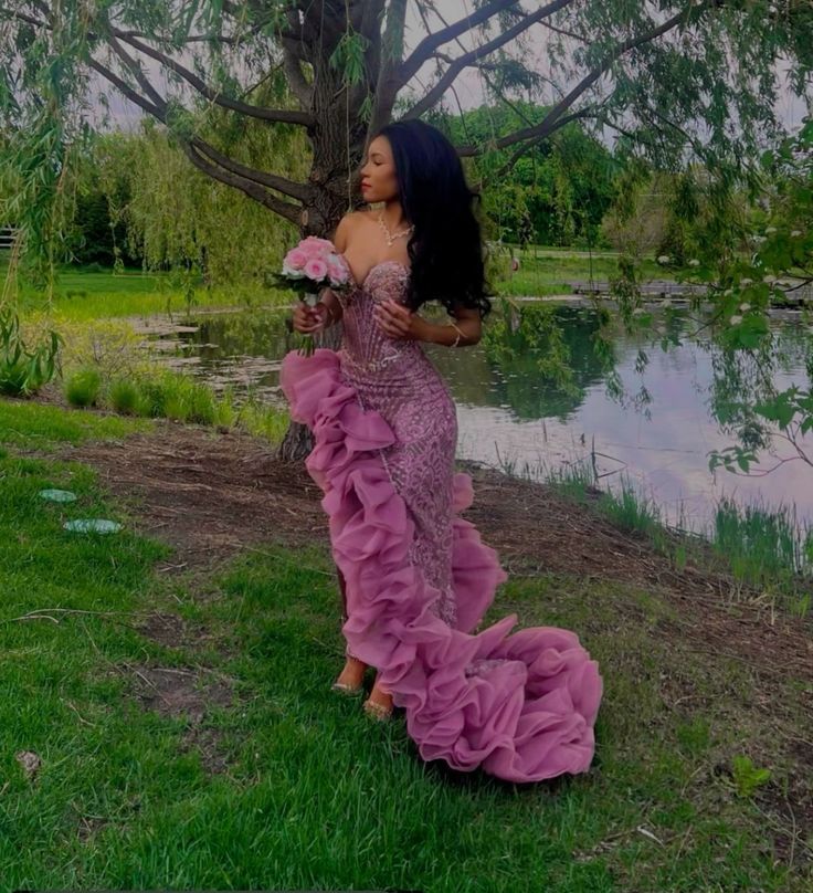 Sexy Mermaid Ruffles Slit Long Evening Gown Formal Prom Dress
