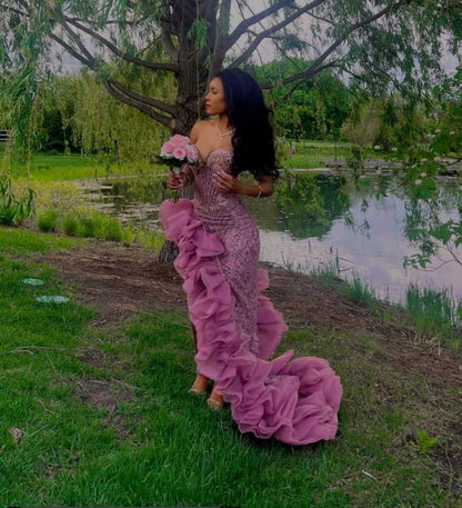 Sexy Mermaid Ruffles Slit Long Evening Gown Formal Prom Dress