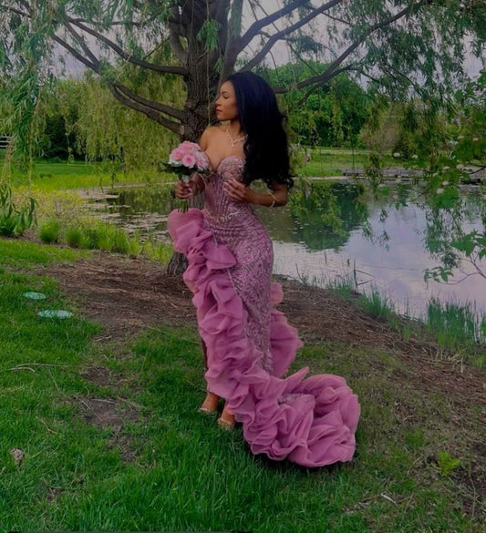Sexy Mermaid Ruffles Slit Long Evening Gown Formal Prom Dress