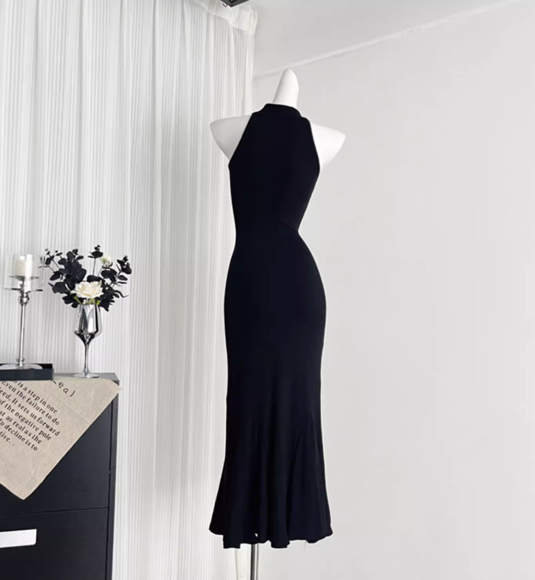 New Chinese style design slim step by step lotus black fishtail dress for women R0275
