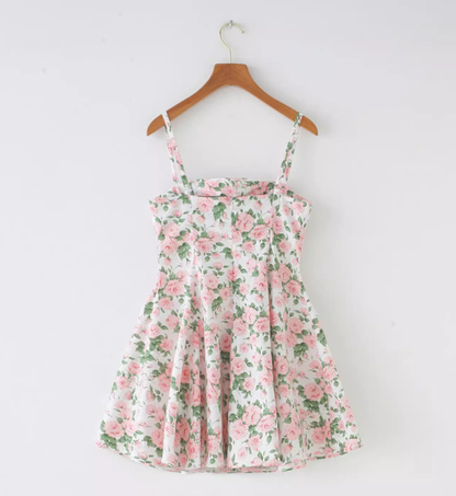French retro sky blue floral chest cushion for slimming, waist cinching, large skirt with suspender R2873