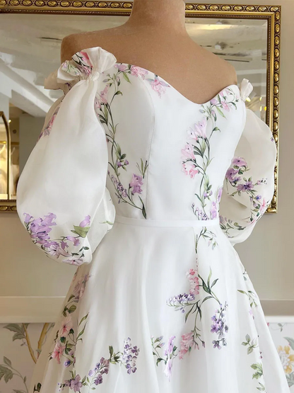 Women s Floral Print Wedding Dresses Off the Shoulder Bridal Gowns Beach Sweep Train Bridal Gown