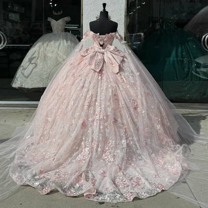 Light Pink Quinceanera Dress Off Shoulder Lace Appliques Ball Gown