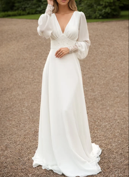 Ivory lace wedding dress long sleeve button back long train gown lace & chiffon Wedding Dresses