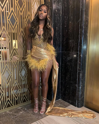 Sexy Black Girls Birthday Dresses Gold Rhinestone Feathers Mini Cocktail Party Gowns Women Club Outfit Vestidos De Gala