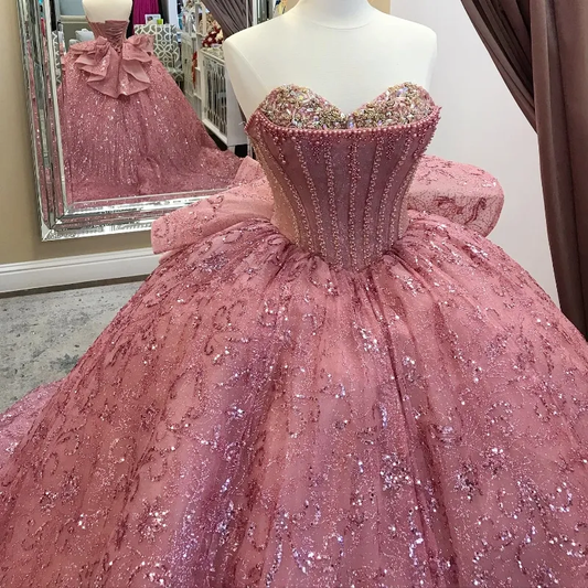 Pink Sequined Ball Gown Quinceanera Off The Shoulder Corset Lace Beads Crystal Sweet 16 Dress