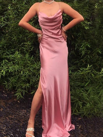 Pink Straps Soft Satin Long A-line Party Dress, Pink Satin Prom Dress Evening Dress
