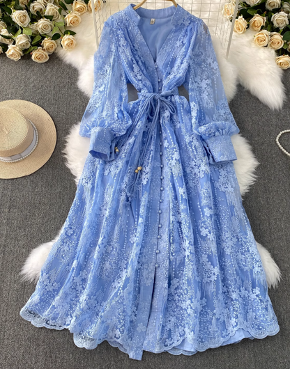 French retro palace style dress embroidery waist slim long lace dress female high-end exquisite dress R0328