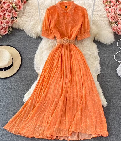 2025 Puff Sleeve Lapel Pleated Polka Dot Dress Waist Slimming Long Swing Dress Short Sleeve R0382
