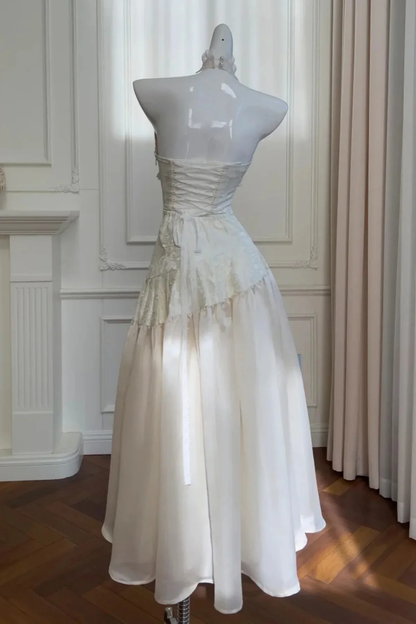 Ivory V-neckline Halter Long Prom Dress, Retro Lace Party Dress Formal Dress  fg8748