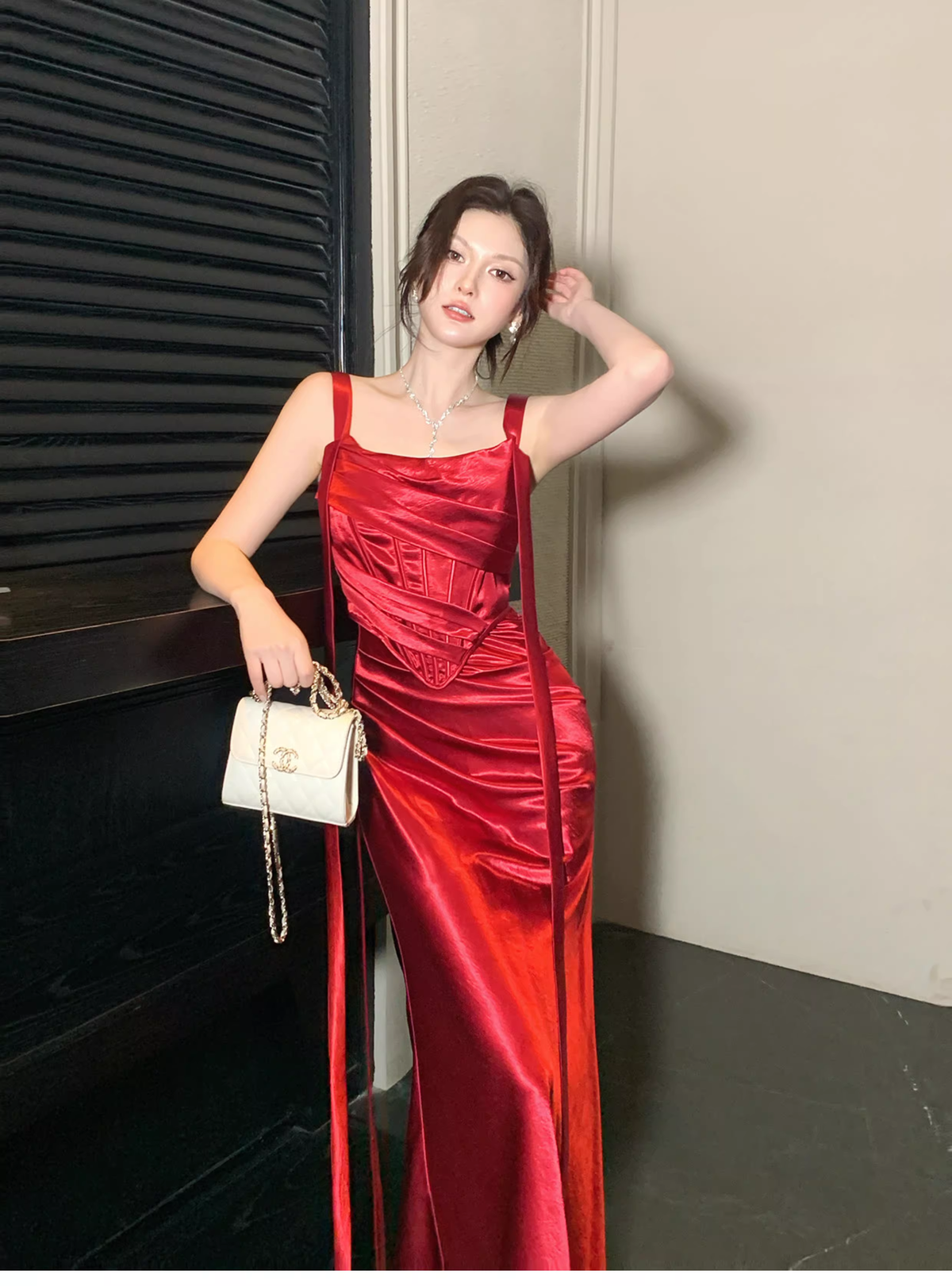 Charming Spaghetti Straps Red Satin Pleated Mermaid Long Wedding Guest Dress Party Dress SP1504