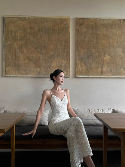 Pretty Spaghetti Straps V Neck Off White Lace Sequin Mermaid Long Evening Dress Formal Wedding Guest Dress D2125