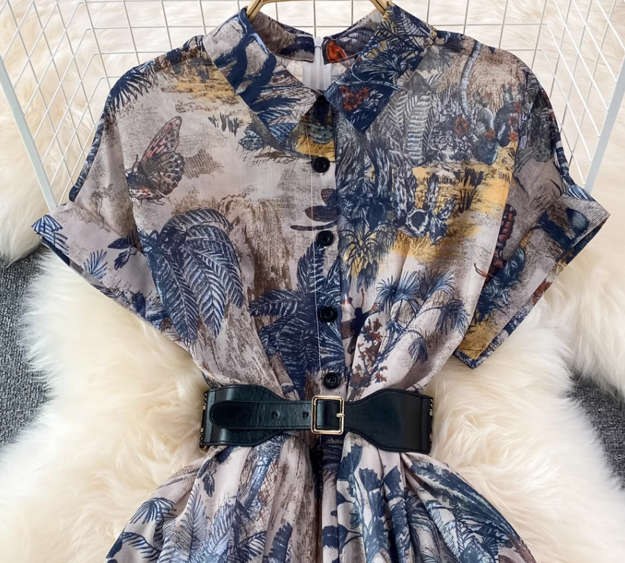 2025 socialite temperament ink painting print waist lapel single-breasted A-line big swing dress R0341