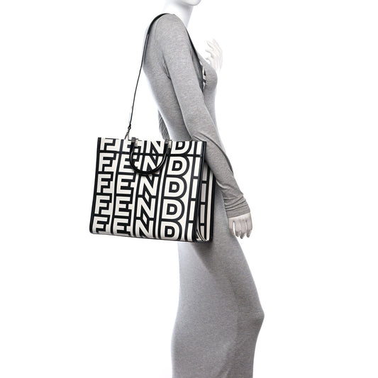 X MARC JACOBS Vitello King Logo Print Medium Fendi Sunshine Shopper Tote Black White