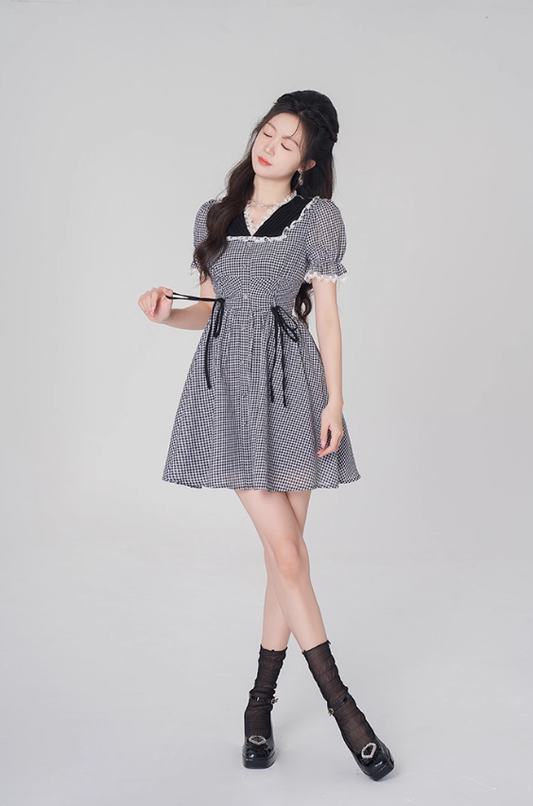 V-neck plaid dress summer tea break French skirt new style skirt niche design R4498