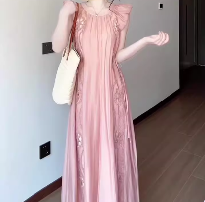 Women's pink small flying sleeve dress gentle sweet style loose long skirt R0725